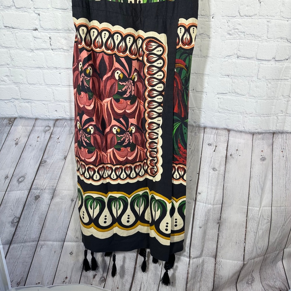 Farm Rio Coconut Tree Flow Scarf Dress Multicolor Tropical Parrot Tassel Midi L - Picture 5 of 10